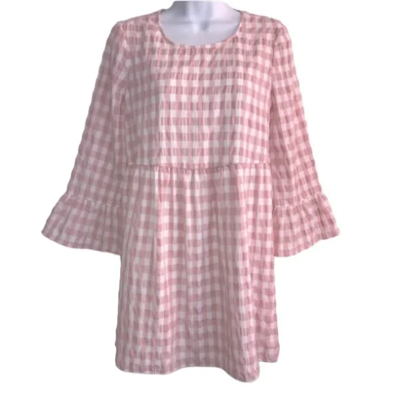 UO Exclusive pink & white textured checked bell ls babydoll dress size XS in EUC - Picture 4 of 16